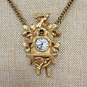 1960s Crown Trifari Gold Plate Cuckoo Clock Watch Necklace